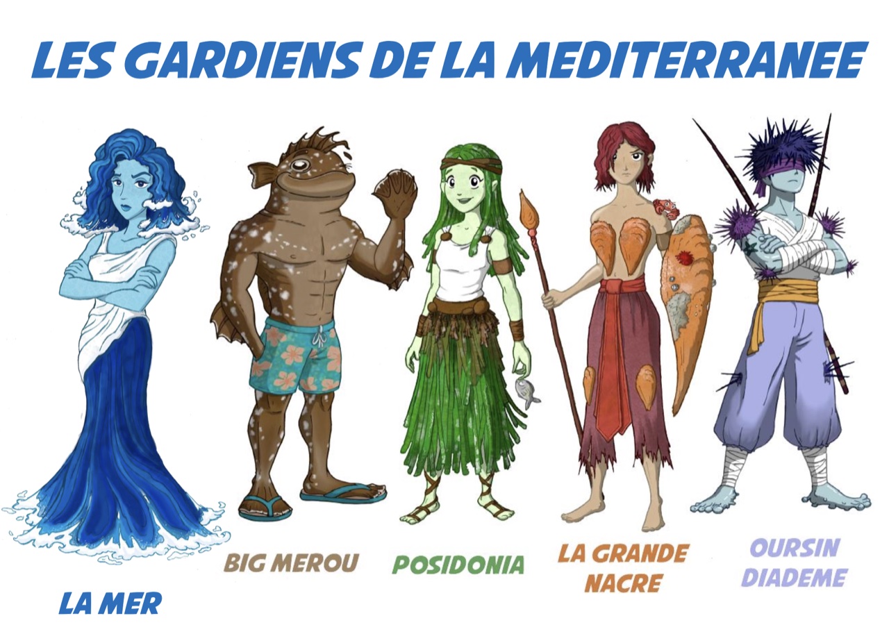 Illustrations of the five Guardians of the Mediterranean characters: The Sea, Big Grouper, Posidonia, The Great Nacre, and Diadem Urchin